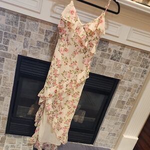 Princess Polly Asymmetrical Floral Dress - Cream and Pink. NEW